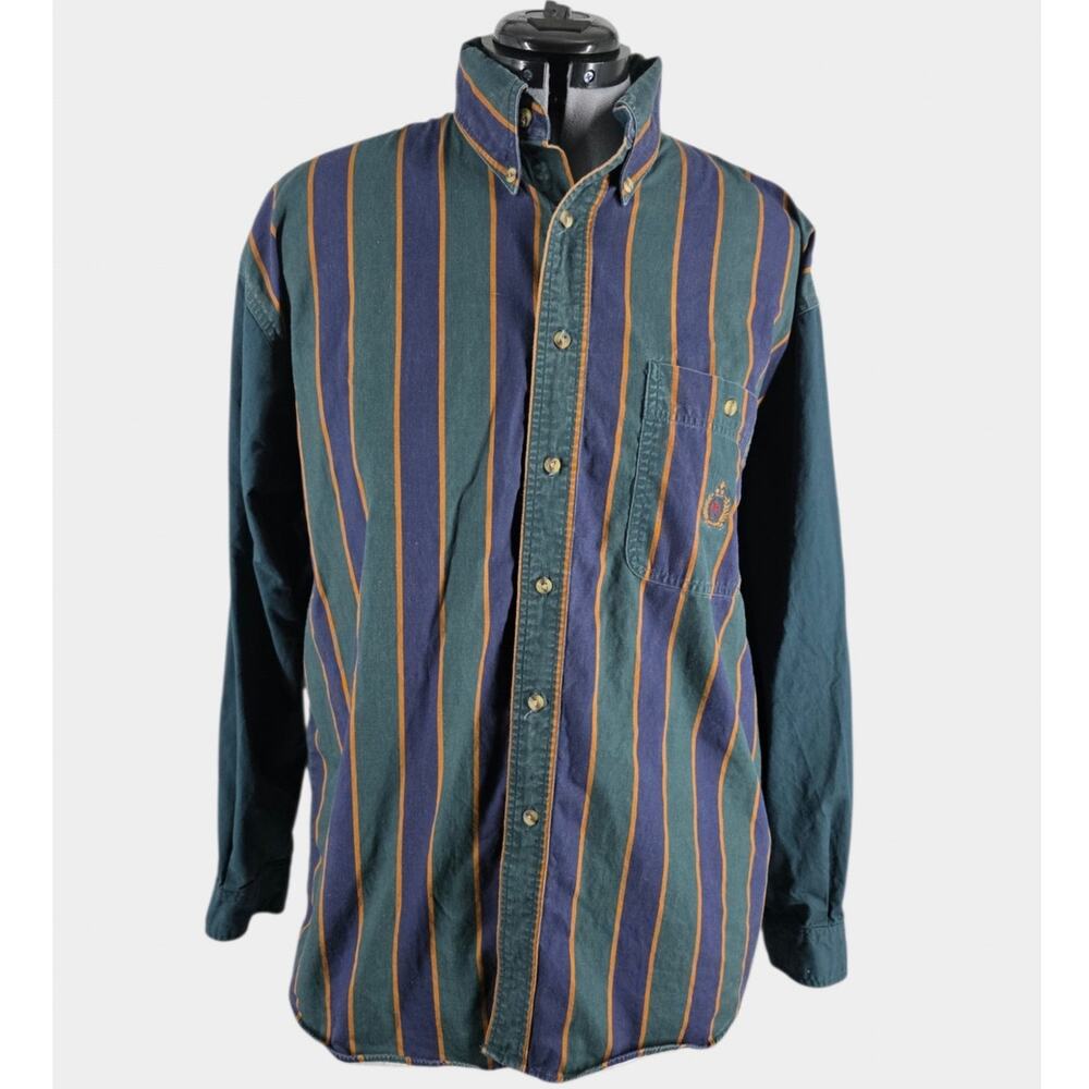 Bugle Boy Company Button Down Men's XL Green/Blue Colorblock Crest Logo VTG